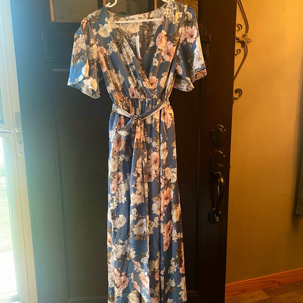 SICILY BLUE FLORAL SATIN MAXI DRESS